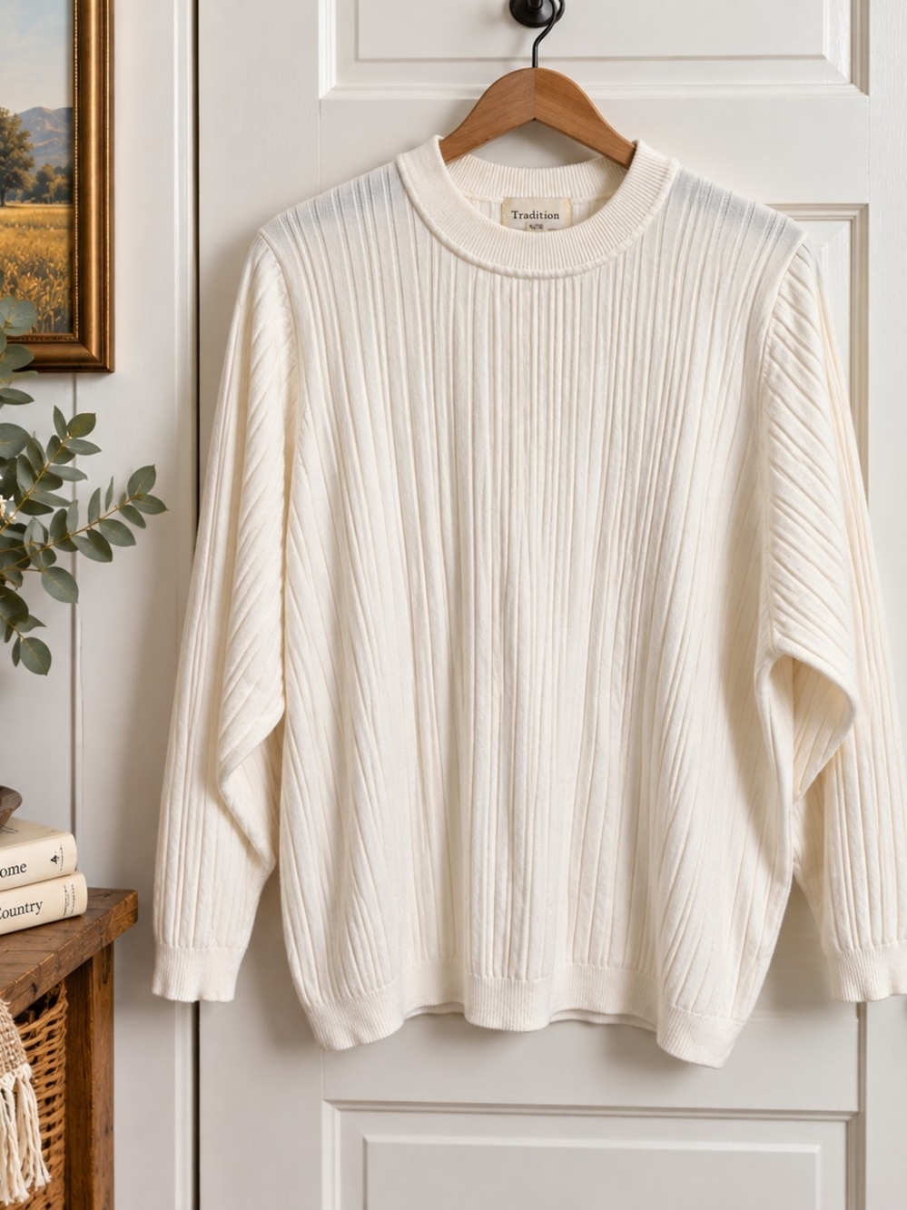 Tradition XL Ivory Ribbed Knit Sweater Vintage Minimalist Pullover